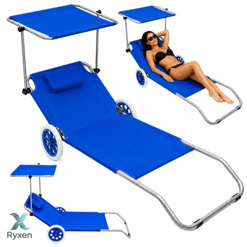 Leżak Plażowy Na Kółkach Ogrodowy Składany Z Daszkiem Aluminiowy Niebieski LEAN