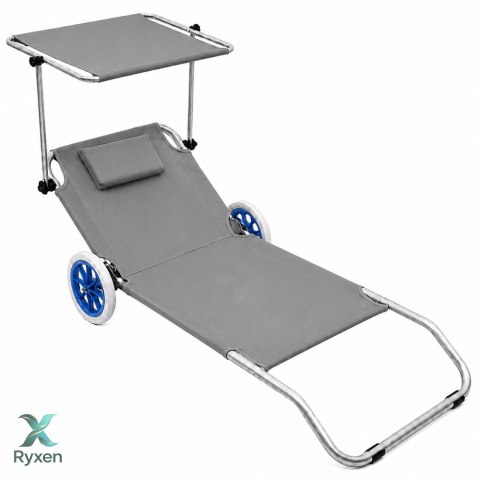 Leżak Plażowy Na Kółkach Ogrodowy Składany Z Daszkiem Aluminiowy Szary LEAN