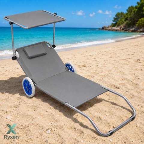 Leżak Plażowy Na Kółkach Ogrodowy Składany Z Daszkiem Aluminiowy Szary LEAN