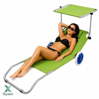 Leżak Plażowy Na Kółkach Ogrodowy Składany Z Daszkiem Aluminiowy Zielony LEAN