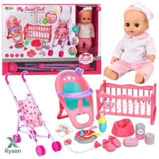 Zestaw 3w1 Interaktywna Lalka Bobas Sika Płacze Kołyska Wózek Akcesoria LEAN TOYS