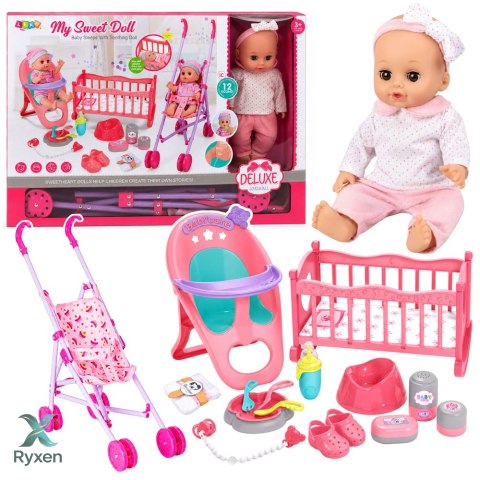 Zestaw 3w1 Interaktywna Lalka Bobas Sika Płacze Kołyska Wózek Akcesoria LEAN TOYS