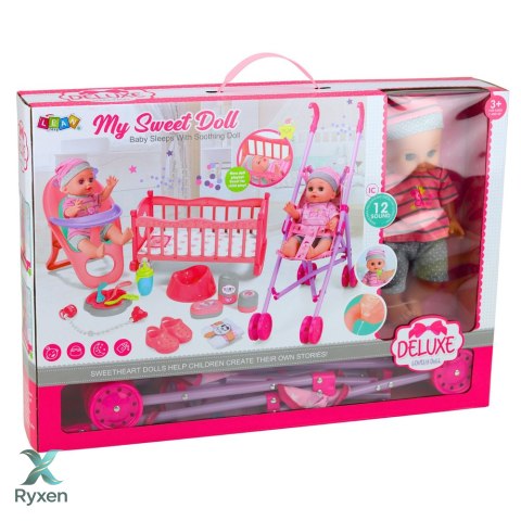 Zestaw Interaktywna Lalka Bobas Sika Płacze Wózek Kołyska Akcesoria 3w1 LEAN TOYS