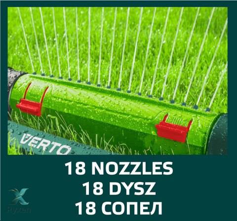 Zraszacz oscylacyjny, powierzchnia zraszania 15 x 19 m, 18 dyszy zraszających, igła do udrażniania dysz VERTO