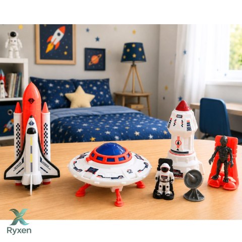 Zestaw Kosmiczny Statek Ufo Rakieta Wahadłowiec Kosmita Kosmonauta Antena LEAN TOYS