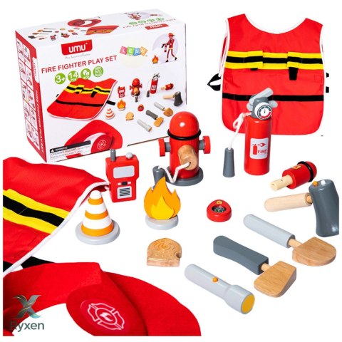 Zestaw Małego Strażaka Kostium Akcesoria Strażackie Drewno 14 El LEAN TOYS