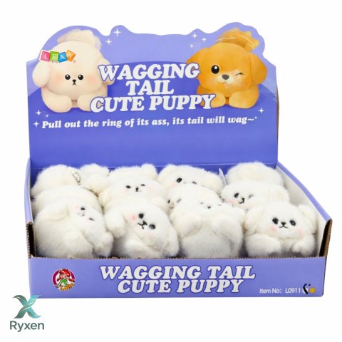 Pluszowy Biały Piesek z Kręcącym Ogonkiem Dźwięki Piszczenia Brelok 9 cm LEAN TOYS
