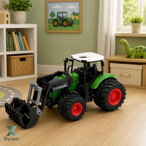 Traktor Rolniczy Farmerski Z Ładowaczem Czołowym Gumowe Koła Zielony 1:24 LEAN TOYS