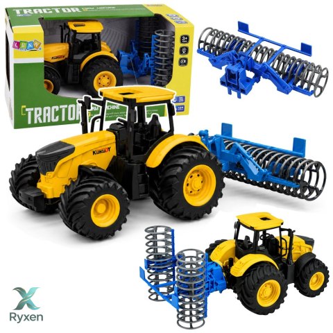 Traktor Rolniczy Farmerski z Wałem Uprawowym Światła Dźwięki Żółty 1:24 LEAN TOYS