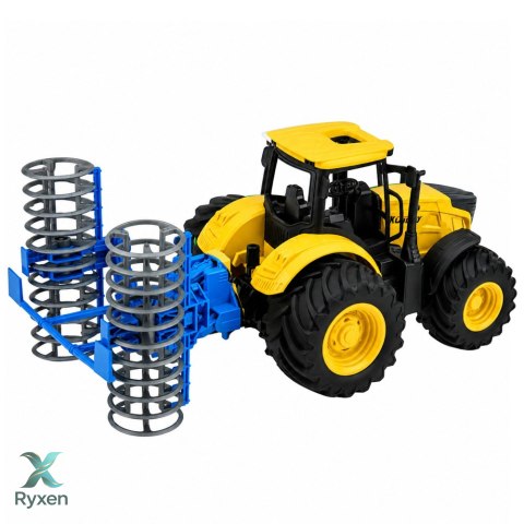 Traktor Rolniczy Farmerski z Wałem Uprawowym Światła Dźwięki Żółty 1:24 LEAN TOYS