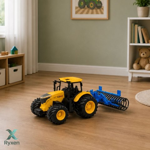 Traktor Rolniczy Farmerski z Wałem Uprawowym Światła Dźwięki Żółty 1:24 LEAN TOYS