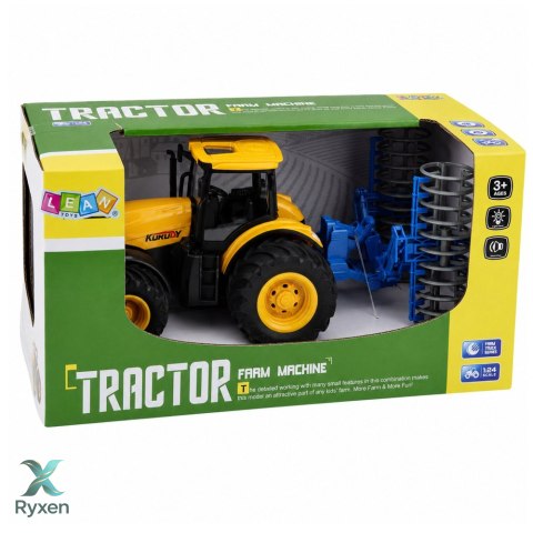 Traktor Rolniczy Farmerski z Wałem Uprawowym Światła Dźwięki Żółty 1:24 LEAN TOYS