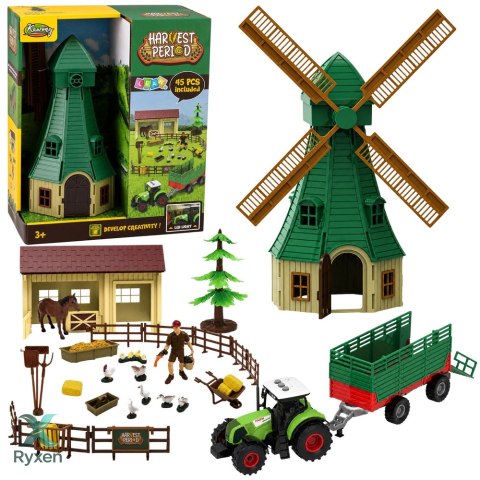 Zestaw Farma Z Traktorem Wiatrak Stajnia Przyczepa Figurki Zwierzęta 45 el. LEAN TOYS