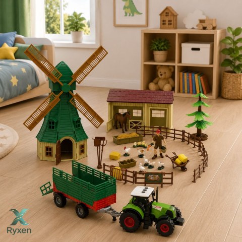 Zestaw Farma Z Traktorem Wiatrak Stajnia Przyczepa Figurki Zwierzęta 45 el. LEAN TOYS