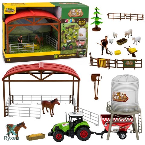 Zestaw Farma z Traktorem Stajnia Silos Figurki Zwierzęta Narzędzia 49 el. LEAN TOYS