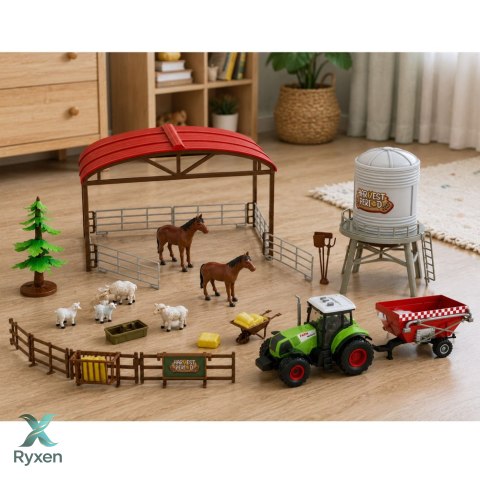 Zestaw Farma z Traktorem Stajnia Silos Figurki Zwierzęta Narzędzia 49 el. LEAN TOYS