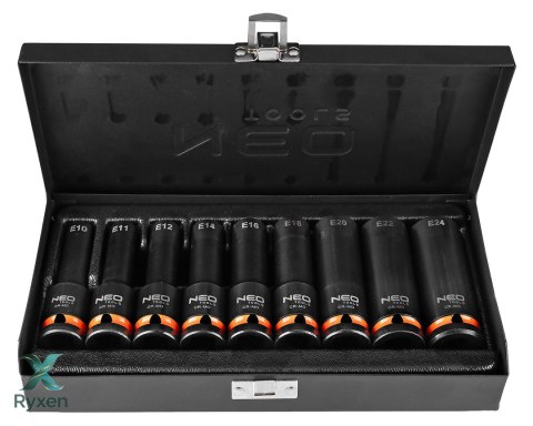 Nasadki udarowe 1/2", E10-E24, zestaw 9 szt., CrMo NEO TOOLS