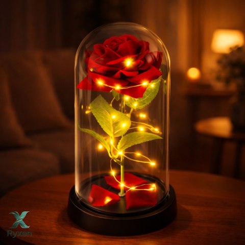 Wieczna Róża W Szklanej Kopule Oświetlenie LED Czerwona 21,5 x 11 cm LEAN