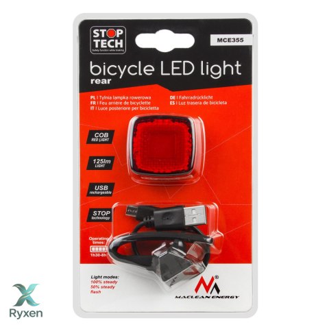 Lampka LED Maclean, Rowerowa tylna, Sensor zmierzchu, USB AUTO STOP COB, Max.125lm, Acu 450mAh, MCE355 Maclean