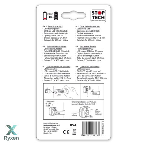 Lampka LED Maclean, Rowerowa tylna, Sensor zmierzchu, USB AUTO STOP COB, Max.125lm, Acu 450mAh, MCE355 Maclean