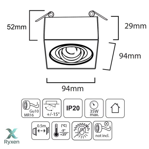 Oprawa podtynkowa, tuba LED Maclean, oczko, SPOT, dla MR16/GU10, kolor czarny, 94x94x32mm, kwadratowa, alu, MCE464 B Maclean