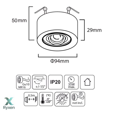 Oprawa podtynkowa, tuba LED Maclean, oczko, SPOT, dla źródeł światła MR16/GU10, kolor czarny, 94x32mm, okrągła, alu, MCE462 B Maclean