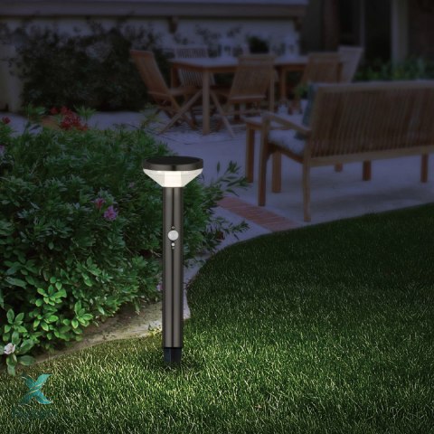 Solarna lampa LED Maclean, z czujnikiem, 3 tryby, wbijana, Li-ion 18650, IP44, 3,7V, 1200 mAh, Czarna, MCE465 B Maclean