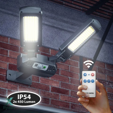 Solarna lampa uliczna LED z czujnikiem ruchu i pilotem Maclean IP54, 5W, 2x450lm, 6500K, Li-ion 2400 mAh, 3 tryby pracy MCE447 Maclean