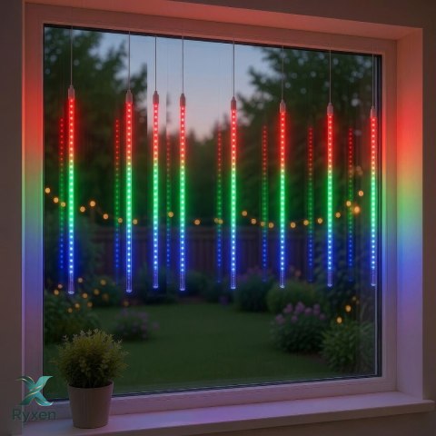 Solarne lampki LED Maclean, 2,4m długościi, 144 diody LED, 8 sopli RGB, tryb opadających sopli, bateria Li 800mAh, MCE412 Maclean