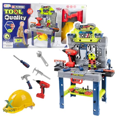 Stolik Majsterkowicza Walizka 2w1 Zestaw Narzędzi Wkrętarka Kask 133 el. LEAN TOYS