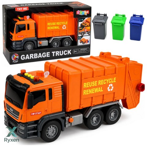 Ciężarówka Śmieciarka Kosze Na Śmieci Światła Dźwięki Pomarańczowa LEAN TOYS