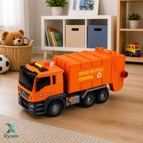 Ciężarówka Śmieciarka Kosze Na Śmieci Światła Dźwięki Pomarańczowa LEAN TOYS