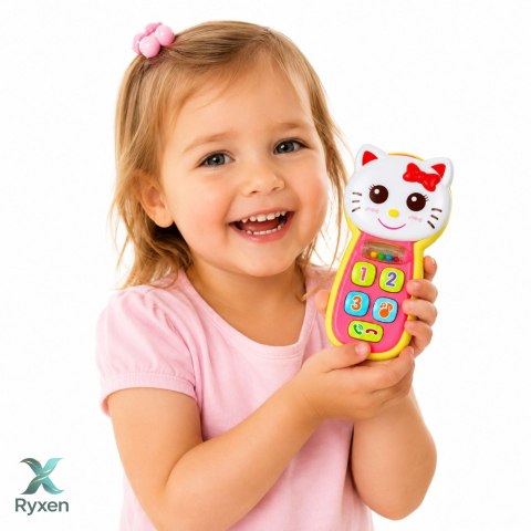 Interaktywny Telefon Dla Dzieci Kotek Lusterko Grzechotka Światła Dźwięk LEAN TOYS