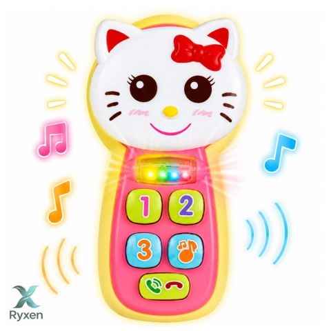 Interaktywny Telefon Dla Dzieci Kotek Lusterko Grzechotka Światła Dźwięk LEAN TOYS