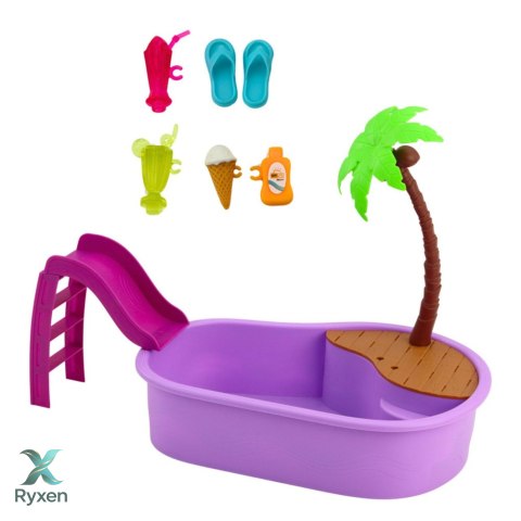 Lalka Anlily Na Basenie Zjeżdżalnia Palma Akcesoria Plażowe Zestaw LEAN TOYS