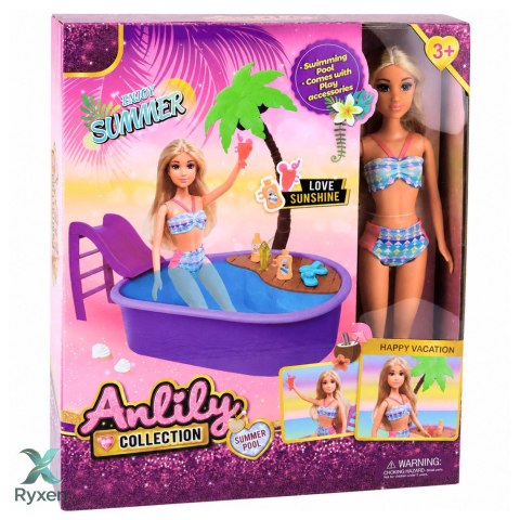 Lalka Anlily Na Basenie Zjeżdżalnia Palma Akcesoria Plażowe Zestaw LEAN TOYS