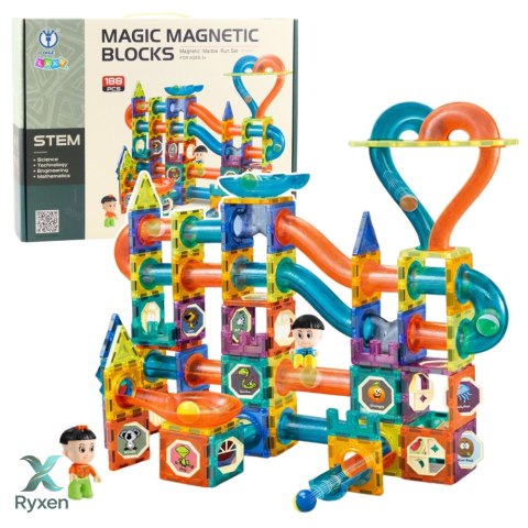 Zestaw Klocki Magnetyczne Tor Kulkowy Zjeżdżalnia Kolorowe 188 el. LEAN TOYS