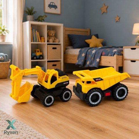 Zestaw Pojazdów Budowlanych Koparka Wywrotka Ruchome Światła Dźwięki Żółte LEAN TOYS