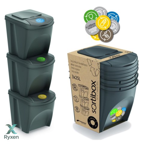 Zestaw koszy do segregacji Sortibox 3x25L szary Prosperplast