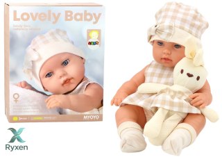 Lalka Bobas W Nosidełku Króliczek Ubranko w Kratę Beżowy LEAN TOYS