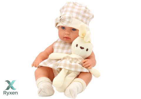 Lalka Bobas W Nosidełku Króliczek Ubranko w Kratę Beżowy LEAN TOYS