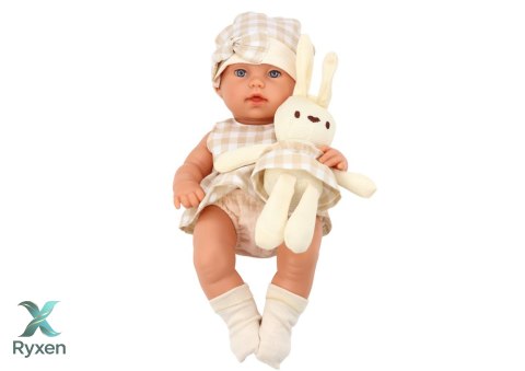 Lalka Bobas W Nosidełku Króliczek Ubranko w Kratę Beżowy LEAN TOYS