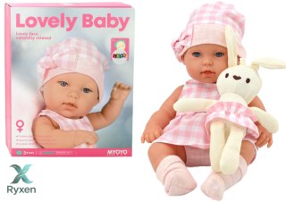 Lalka Bobas W Nosidełku Króliczek Ubranko w Kratę Różowy LEAN TOYS