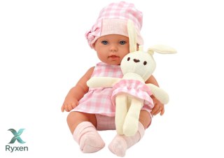 Lalka Bobas W Nosidełku Króliczek Ubranko w Kratę Różowy LEAN TOYS