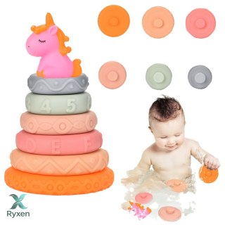 Piramidka Wieża Dla Malucha Gumowe Miękkie Klocki Jednorożec LEAN TOYS