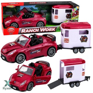 Samochód Kabriolet Bordowy Z Przyczepą Dla Konia Otwierane Drzwi Zestaw LEAN TOYS