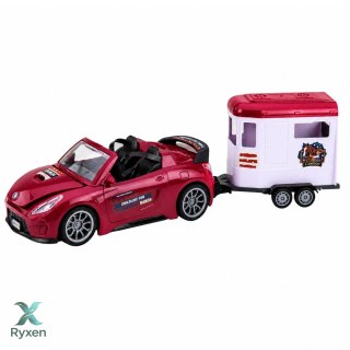 Samochód Kabriolet Bordowy Z Przyczepą Dla Konia Otwierane Drzwi Zestaw LEAN TOYS