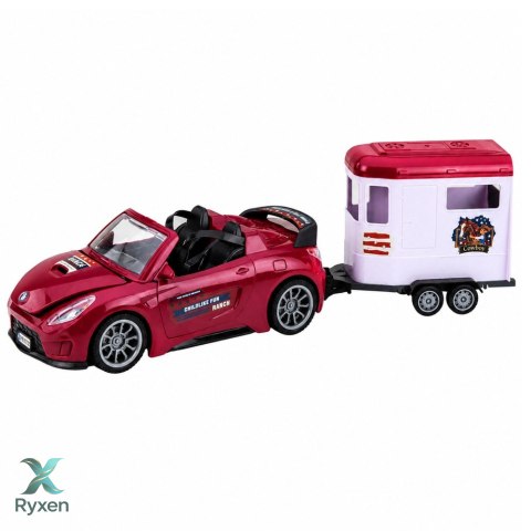 Samochód Kabriolet Bordowy Z Przyczepą Dla Konia Otwierane Drzwi Zestaw LEAN TOYS