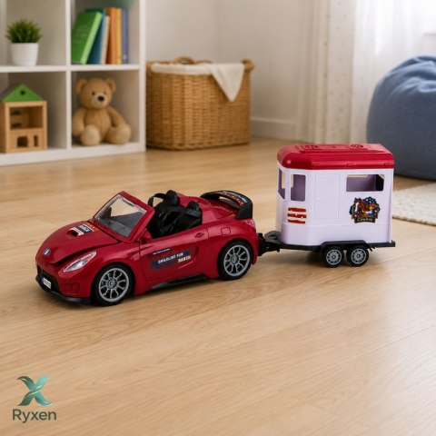 Samochód Kabriolet Bordowy Z Przyczepą Dla Konia Otwierane Drzwi Zestaw LEAN TOYS