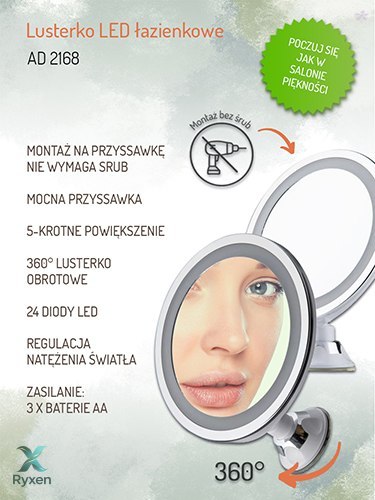AD 2168 Lusterko led łazienkowe, 5x powiększenie, 24 diody led, regulacja natężenia światła ADLER